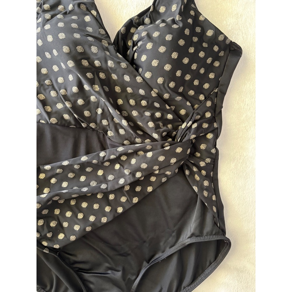 Miraclesuit Womens Black Gold Polka Dot Wrap One Piece Swimsuit V-Neck 12-14 - Picture 2 of 5